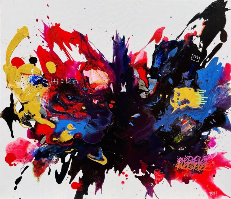 Sculpture et peinture contemporaines fusionnant, formes audacieuses, couleurs vibrantes, expression artistique forte